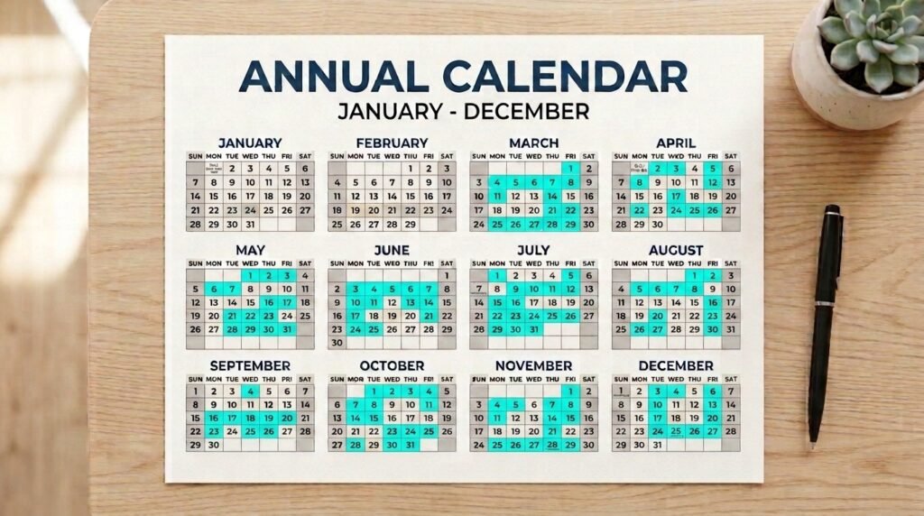 A 12-month calendar with some days highlighted