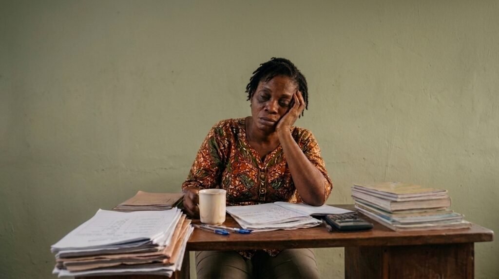A sleepy Nigerian teacher looking very tired