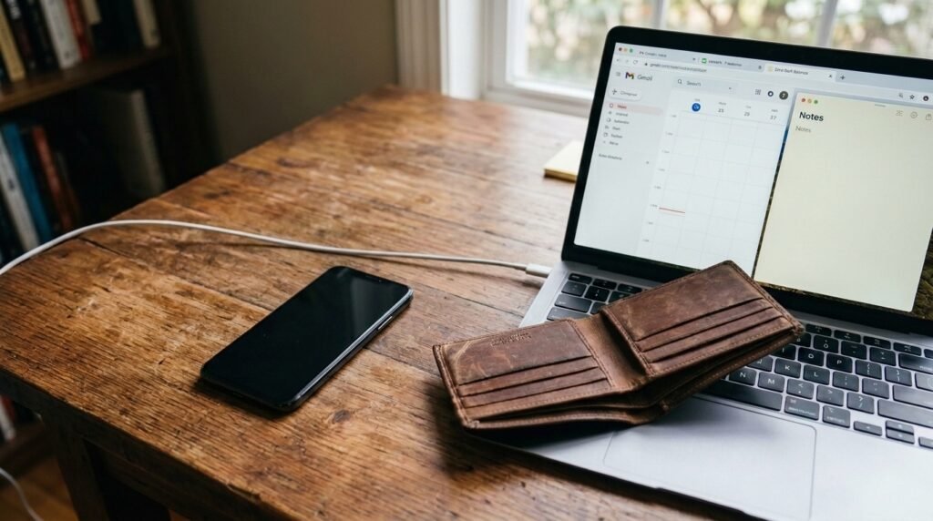 An empty wallet on a laptop with a smartphone on the side