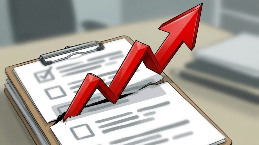 An upward red arrow on a checklist