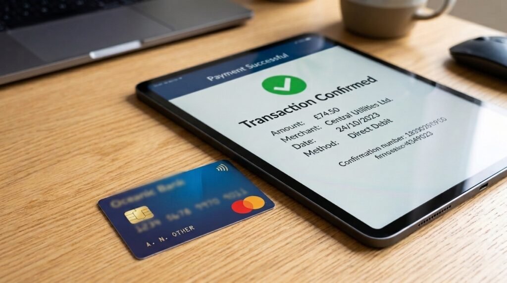 UK credit card beside screen showing successful payment