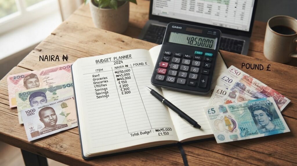 Account book, calculator with pounds and naira paper currencies