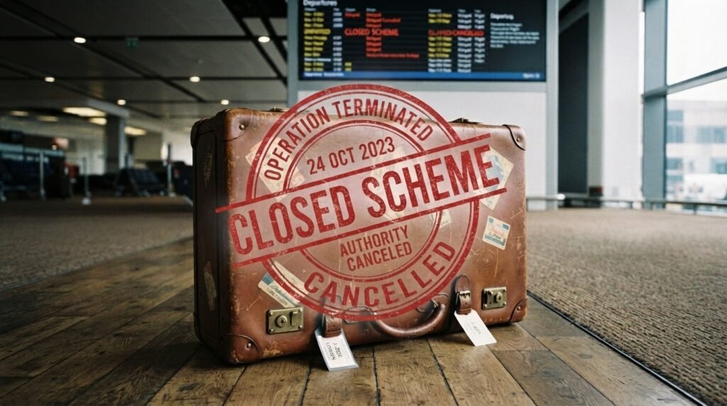 Closed Scheme stamp on a suitcase