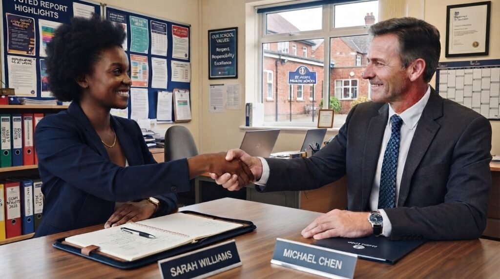 employment handshake in a school office
