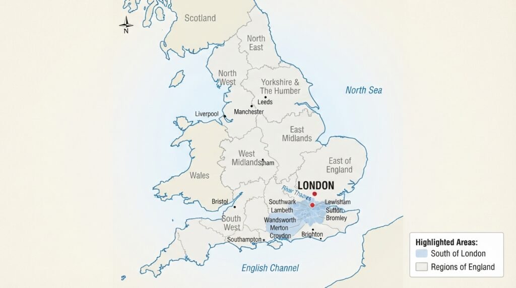 Map of England with South of England regions highlighted