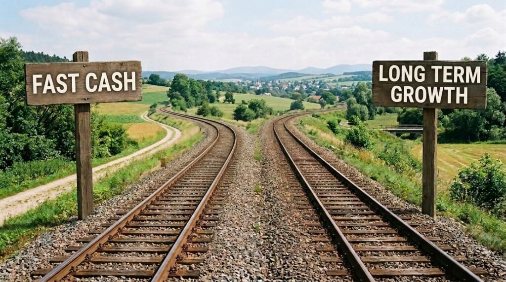 Two rails, the one bending to the left is labelled fast cash, while the one to the right is longterm