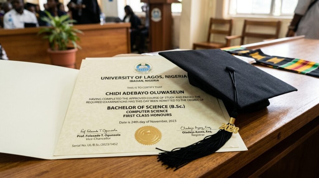 Graduation cap on a degree certificate