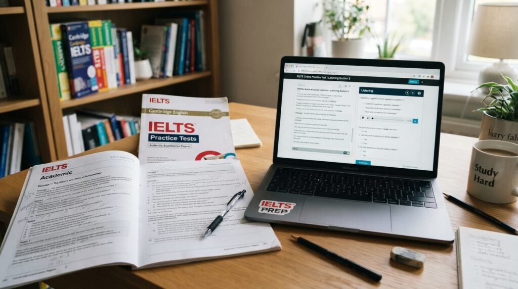 IELTS test booklet and a laptop