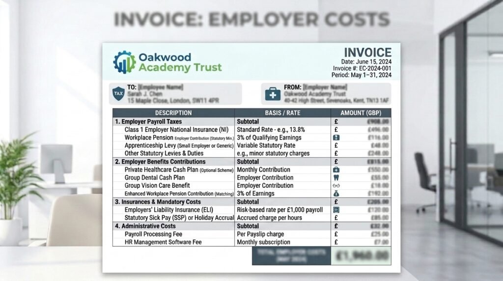 Invoice of UK employer's costs with figures blurred out