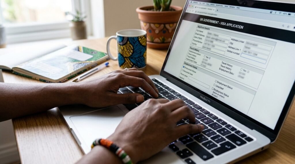 Hands on a laptop screen showing online UK visa application form