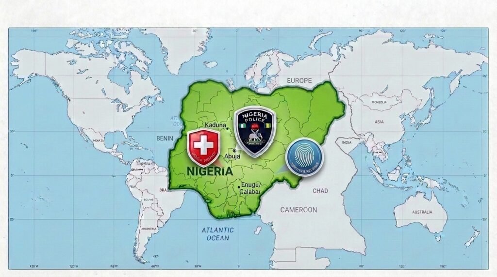 Medical cross sign, Nigeria Police logo and biometric sign on a Nigeria map