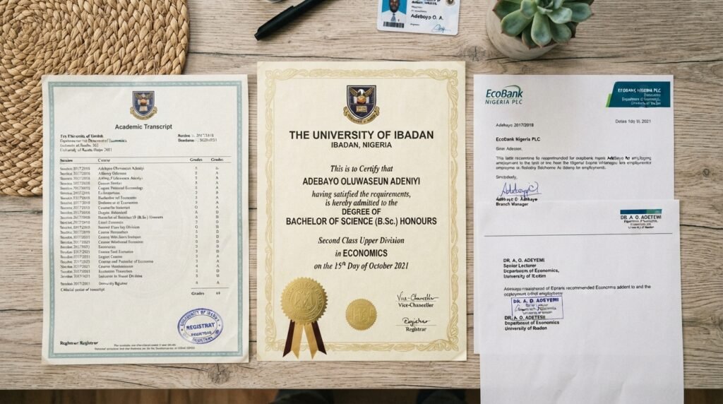 Degree certificate from University of Ibadan and academic transcripts