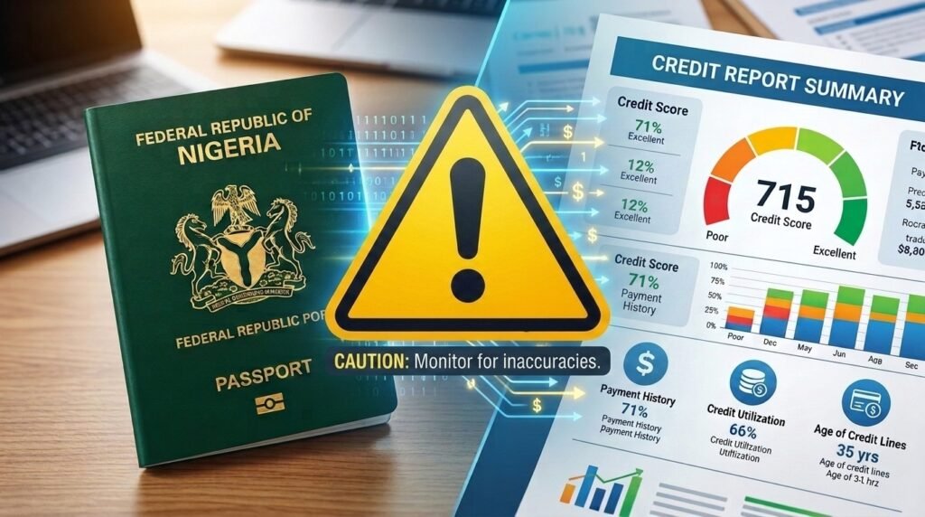 Nigerian passport on the left, credit score sheet on the right and a caution icon in centre