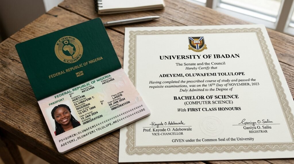 A Nigerian passport and degree certificate