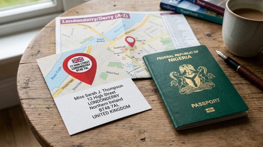 Nigerian passport beside UK location pin