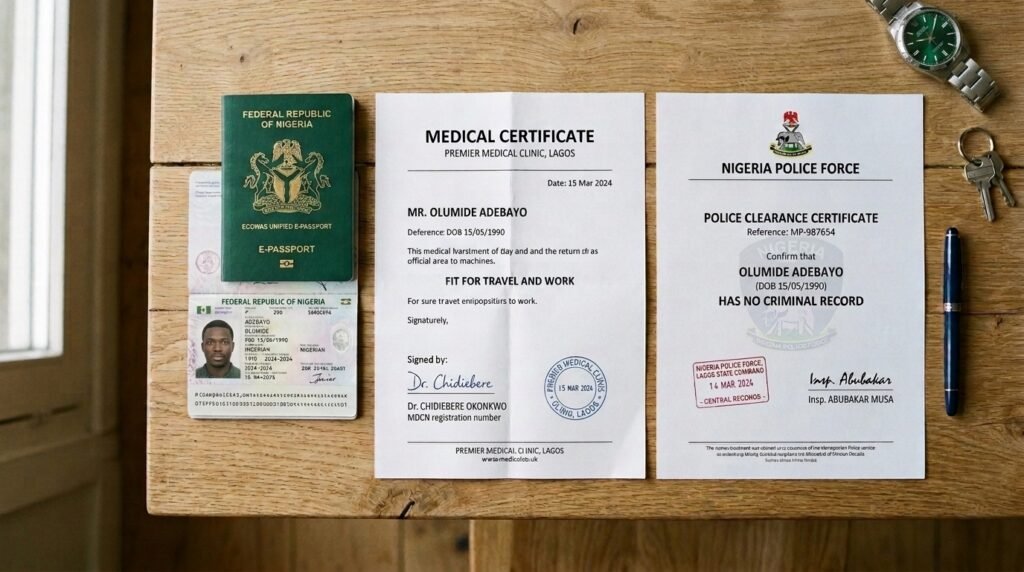 Nigerian passport, medical test certificate and Nigeria Police clearance