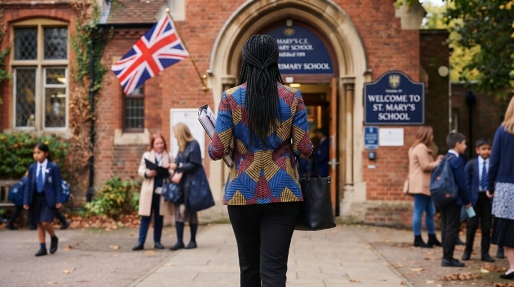 Nigerian teacher walking into a UK school