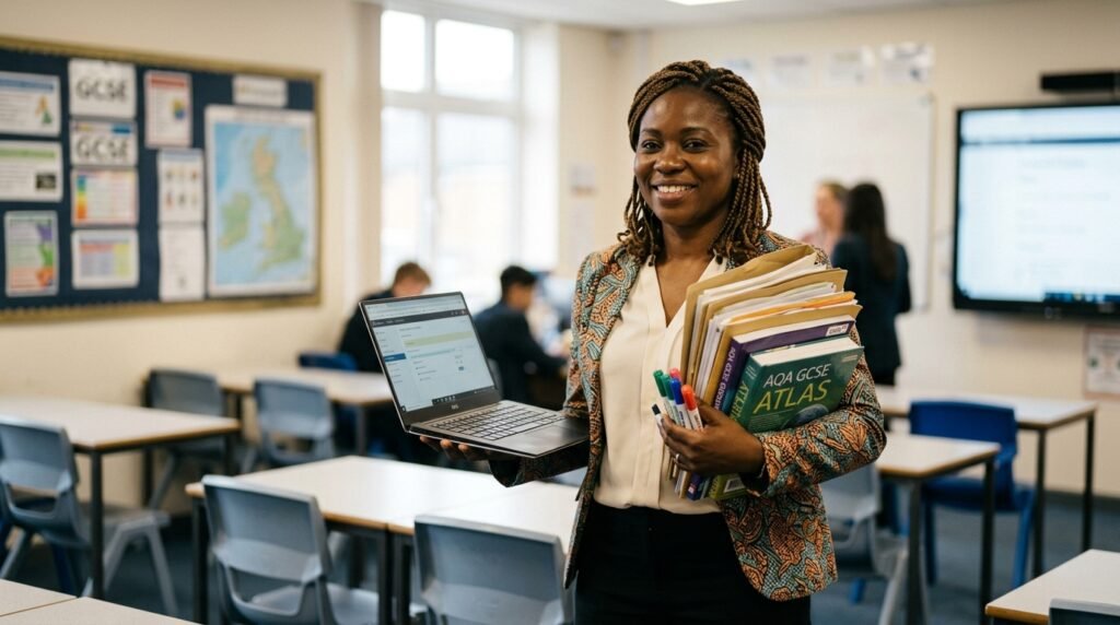 Nigerian teacher with laptop on her right hand and classroom materials on her left hand in a UK classroom