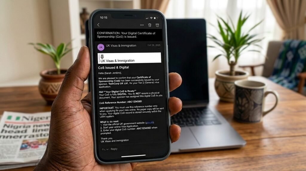 A phone screen showing an email confirming UK CoS
