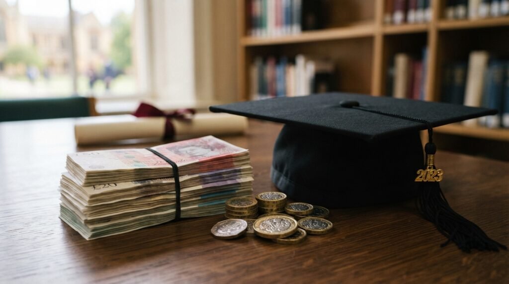 Pound coins and cash beside a graduation cap