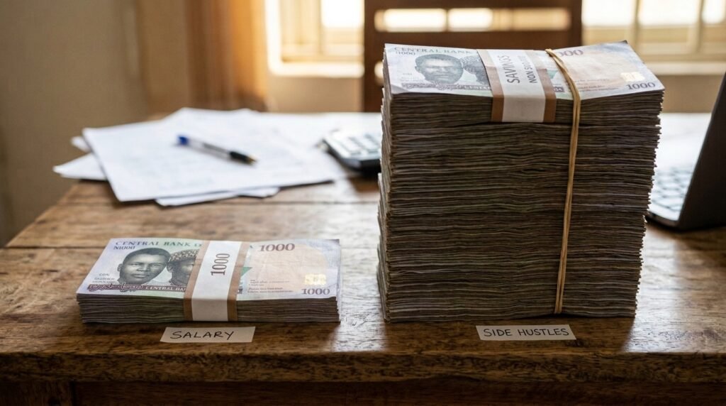 A smaller bundle of Naira notes labelled as salary and ataller stack as side hustle income