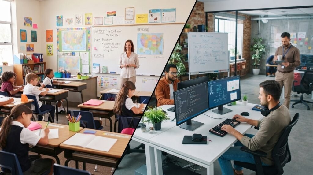 A lady teaching on the left and a man working on a computer on the right