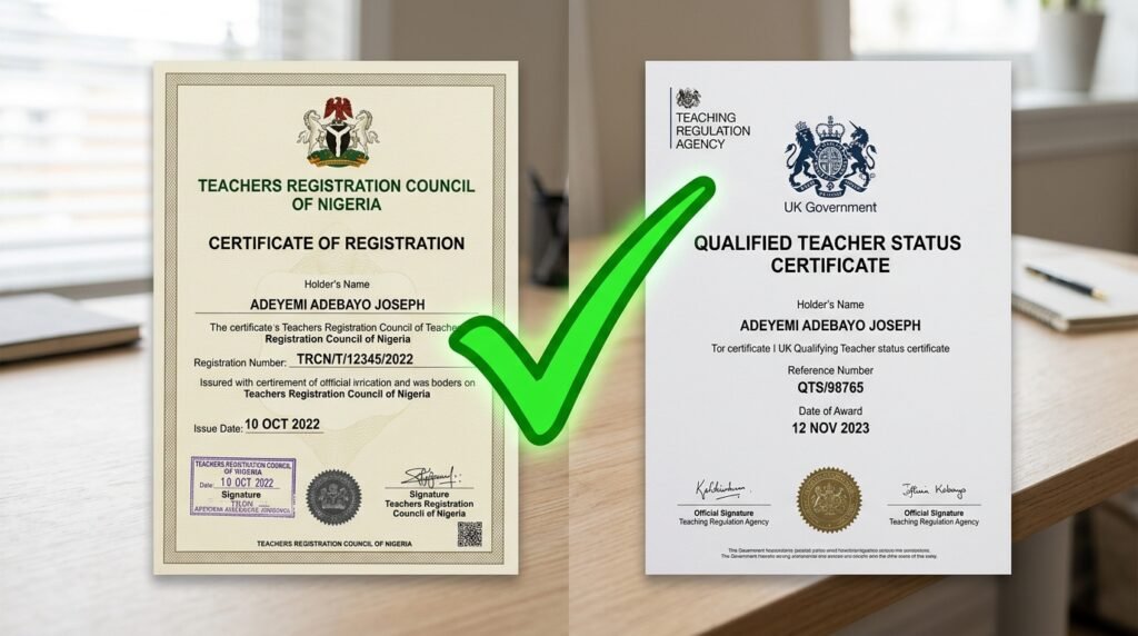 TRCN (left) and QTS (right) certificate with a green tick between
