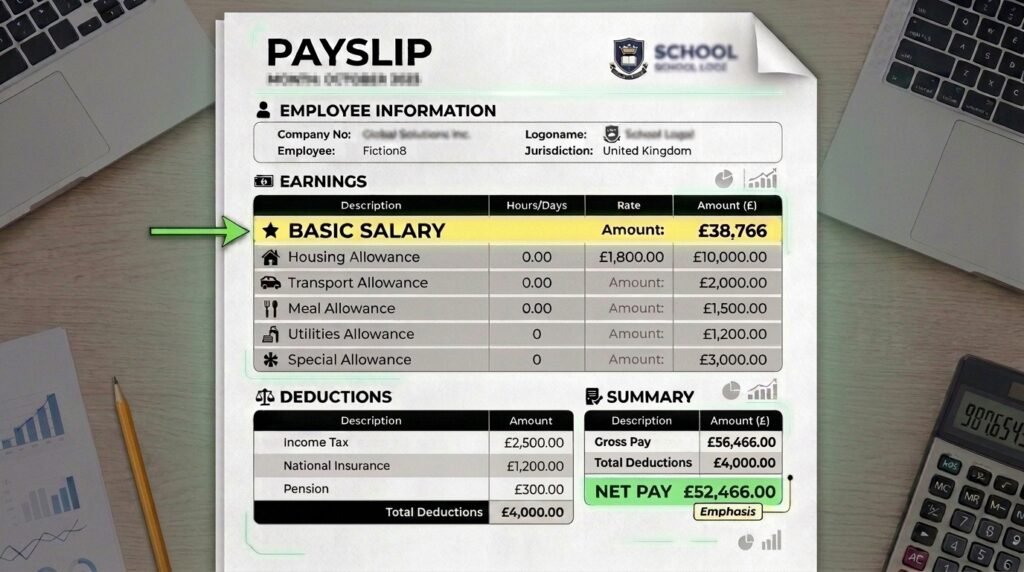 UK payslip sample showing basic pay and net pay