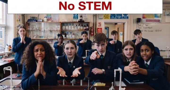 An image with UK students seemingly pleading in a science lap with a banner that says "NO STEM" indicating UK teacher shortage subjects for QTS