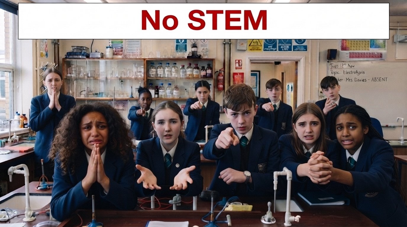 An image with UK students seemingly pleading in a science lap with a banner that says "NO STEM" indicating UK teacher shortage subjects for QTS