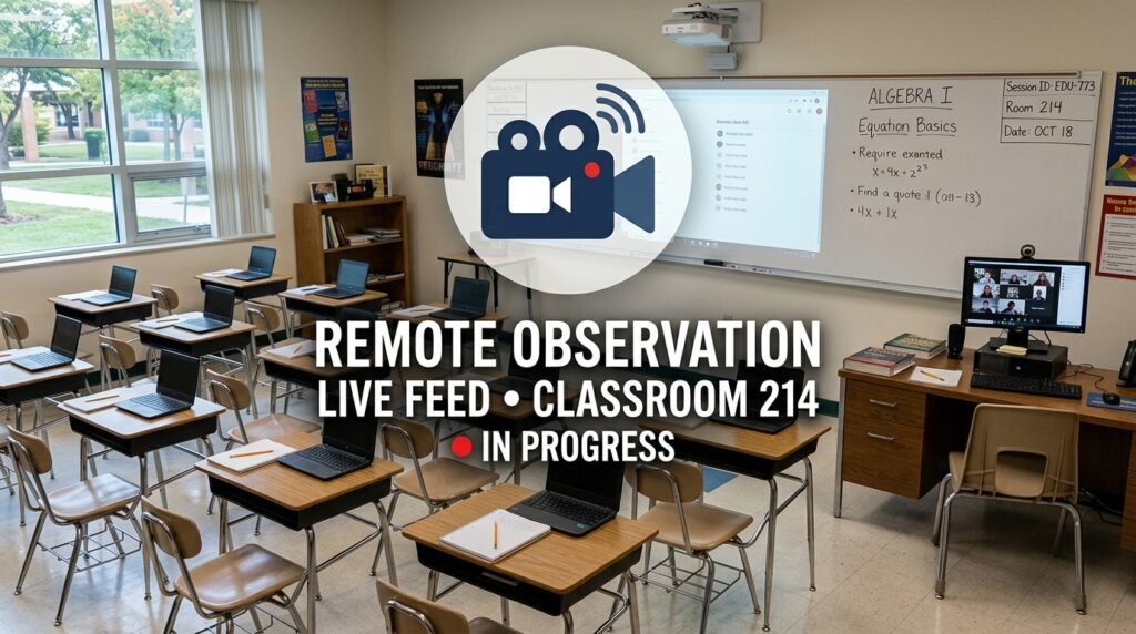 A video camera icon in a classroom setting