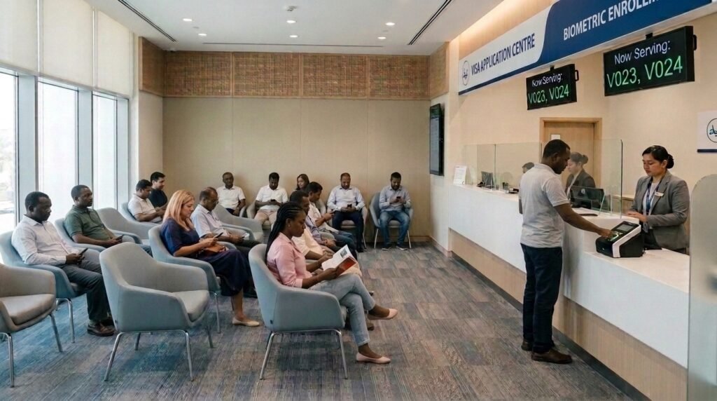 A man undergoing biometric capture in a visa application centre with other applicants sitted, waiting.