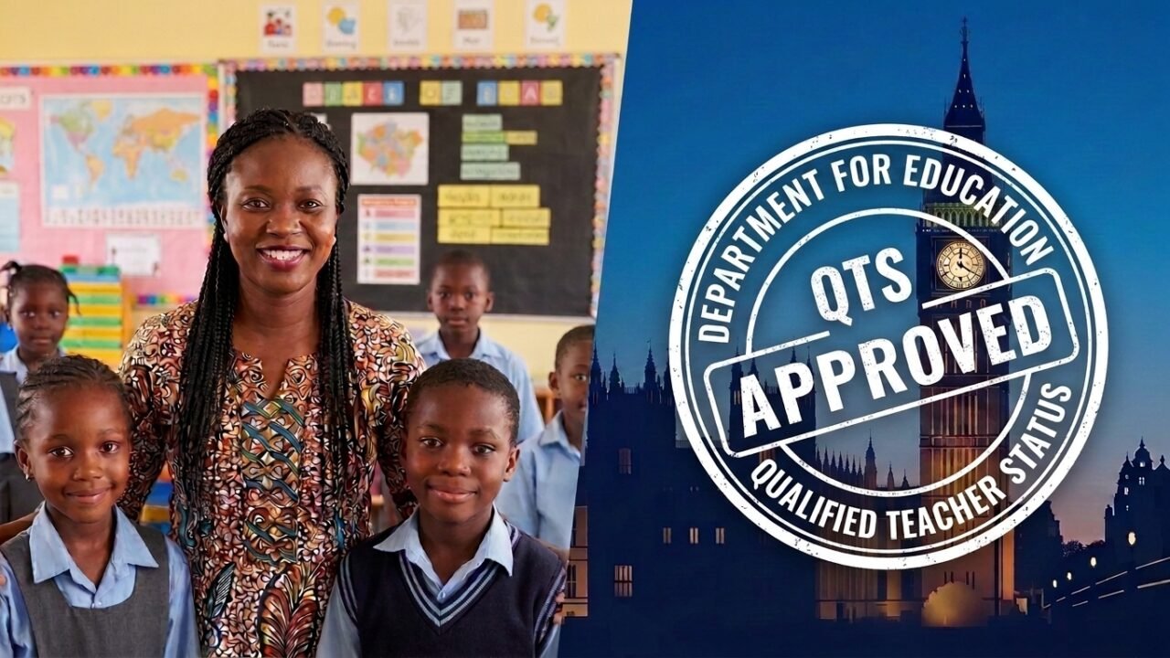 A teacher in a Nigerian classroom on the right and UK big ben with QTS approval stamp on the left, showing it is possible to get UK QTS from Nigeria