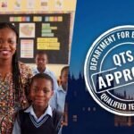 A teacher in a Nigerian classroom on the right and UK big ben with QTS approval stamp on the left, showing it is possible to get UK QTS from Nigeria