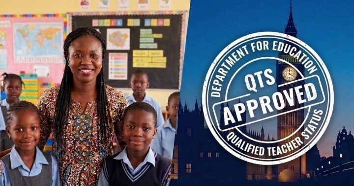 A teacher in a Nigerian classroom on the right and UK big ben with QTS approval stamp on the left, showing it is possible to get UK QTS from Nigeria