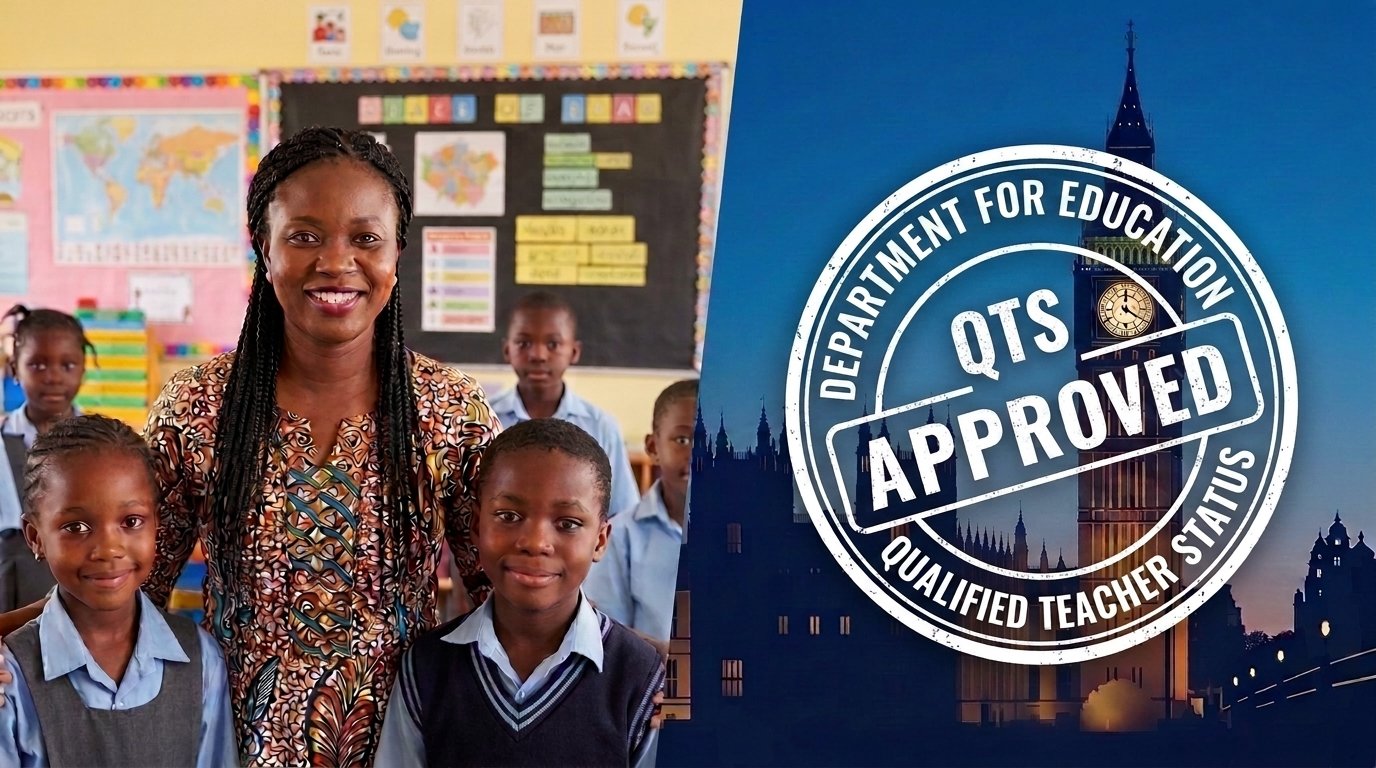 A teacher in a Nigerian classroom on the right and UK big ben with QTS approval stamp on the left, showing it is possible to get UK QTS from Nigeria