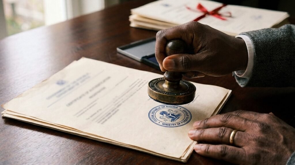 A black hand stamping a paper