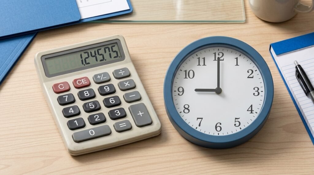A calculator beside a clock