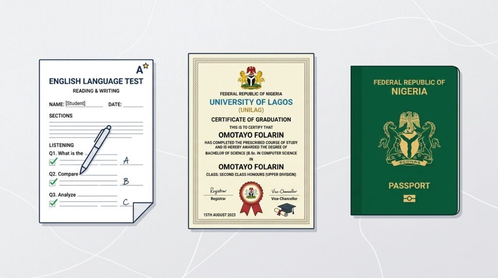 SELT certificate, degree certificate and Nigerian passport