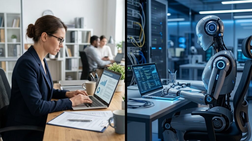 Human examiner on the left vs Robot examiner on the right
