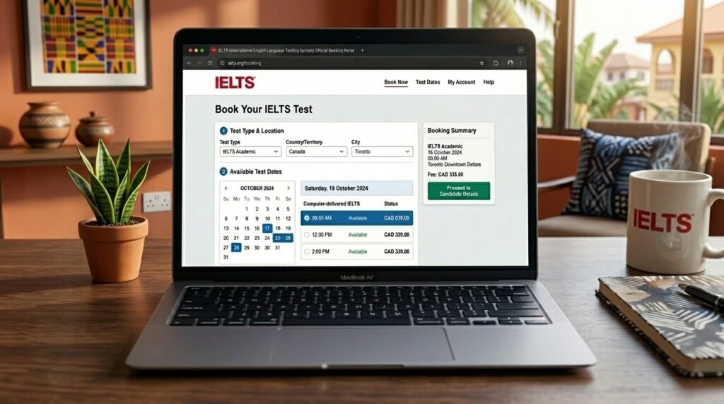 Generic IELTS booking portal on a laptop screen