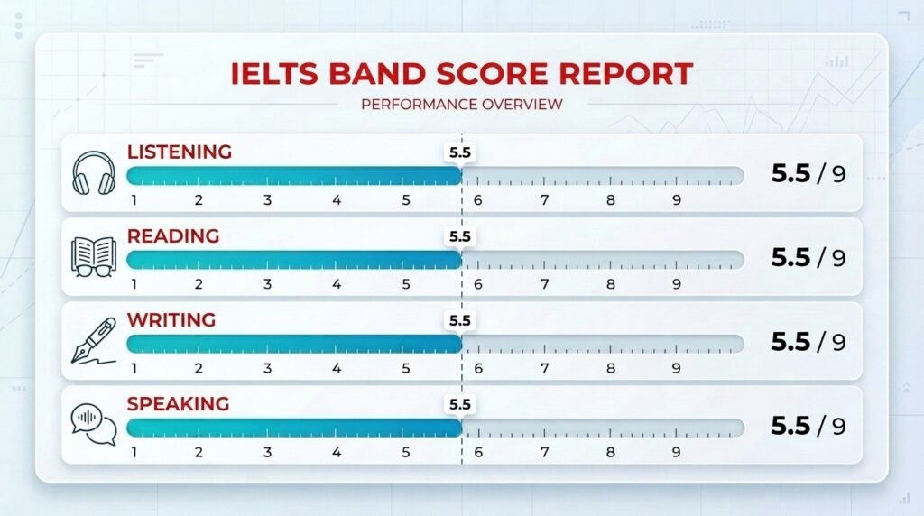 IELTS band score report showing 5.5 in each of the four skills