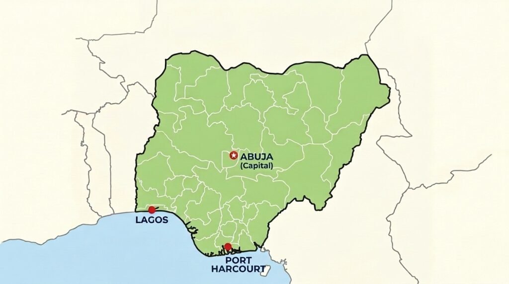 Map of Nigeria with Lagos, Abuja and Port Harcourt marked