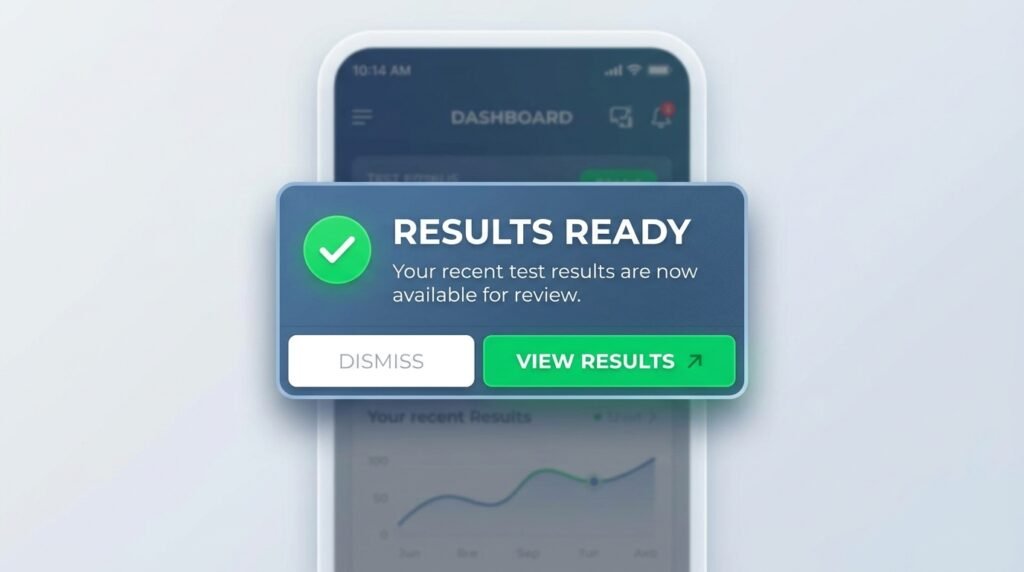 Phone notification showing "RESULTS READY"