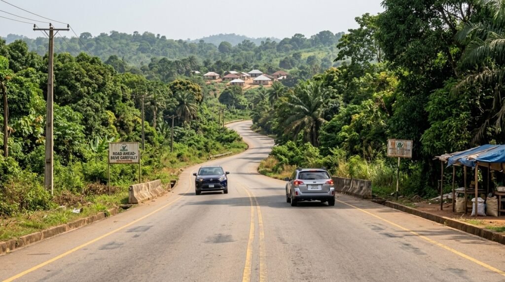 Two-way Nigerian road with a car on each way